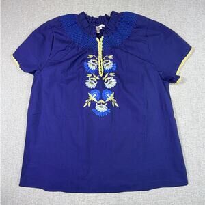 Jude Connally Women Large Blue Cap Sleeve V-Neck Floral Embroidered Casual Top